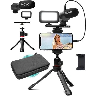 Abbildung von Movo iVlogger Vlogging Kit für das iPhone Lightning kompatibles Video Set Zubehör: Handy Stativ, Handyhalterung, LED Licht und Richtmikrofon YouTube Starter oder