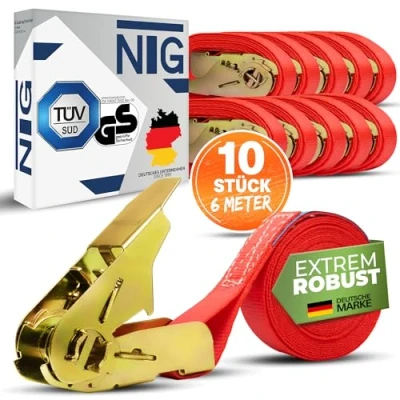 Abbildung von NTG 4 20 Stück 800kg 4m und 6m Spanngurte mit Ratsche einteilig 1 teilig Ratschengurte TÜV/GS geprüft Zurrgurte 25mm 800 daN 0,8t (10 6 Meter)
