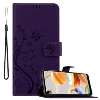 Abbildung von Cadorabo Hülle kompatibel mit LG K61 Blumen Design aus Premium Kunst Leder Flip Klappbare Stoßfeste Magnetische [Standfunktion] [Kartenfächern] Cover Case für Tasche in Lila