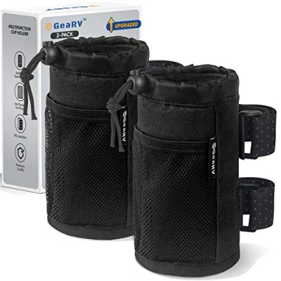 Abbildung von GEARV Getränkehalter für Fahrrad, Roller und Rollstuhl, Wasserflaschenhalter UTV/ATV, Walker, Golfwagen Strand, Universal Zubehör mit Netztasche Kordelschloss (schwarz), 2