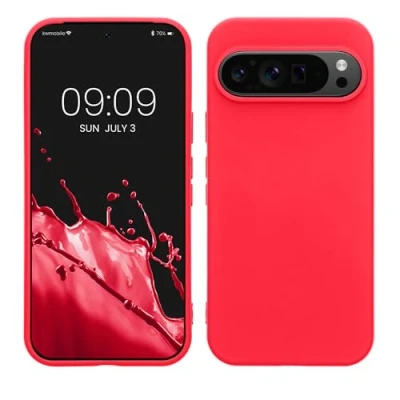 Abbildung von kwmobile Hülle kompatibel mit Google Pixel 9 / Pro gummierte TPU Silikon Handyhülle Schutzhülle für kabelloses Laden Case in Neon Pink