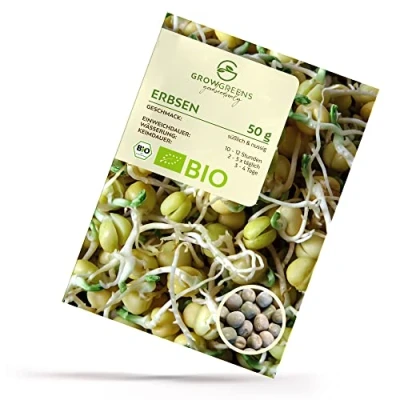 Abbildung von Bio Erbsen Sprossen Samen Microgreens Saatgut ideal für die Anzucht von knackigen Keimsprossen auf der Fensterbank