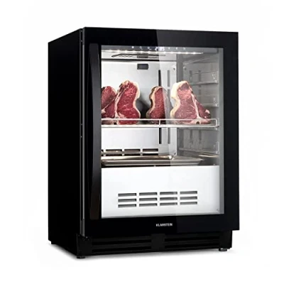 Abbildung von Klarstein Kühlschrank, Reifeschrank für Dry Aged Beef, 1 Zonen Kühlschrank mit Glastür, In und Outdoor LED Beleuchtung, Freistehend oder Einbaukühlschrank, Temperaturbereich 25 C, 98 L