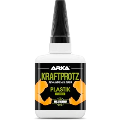 Abbildung von 50 g Sekundenkleber für Kunststoff extra stark, wasserfest, hitzebeständig &amp; Verschluss gegen Austrocknung flüssiger Kunststoffkleber, Plastik Kleber Kunststoff, Acrylglas ARKA Kraftprotz
