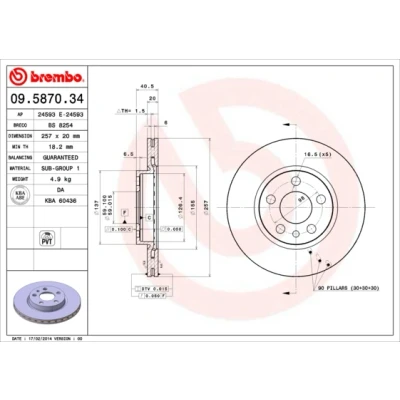 Abbildung von BREMBO 09.5870.34 Bremsscheibe 257 20 5 innenbelüftet PEUGEOT: Expert I Kastenwagen, 806, I, CITROËN: Evasion, Jumpy MPV