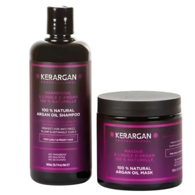 Abbildung von Kerargan Disziplinierendes Duo Shampoo &amp; Maske mit Arganöl für Ungezähmtes, Trockenes Lockiges Haar Bekämpft Frizz Entwirrt Ohne Sulfate, GMO, Silikon, Mineralöl 2x500ml