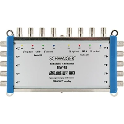 Abbildung von Schwaiger SEW98 531 Multischalter (2 Satellitenpositionen, bis zu 8 Teilnehmer, kein Netzanschluss nötig; DVB T2 geeignet) Silber