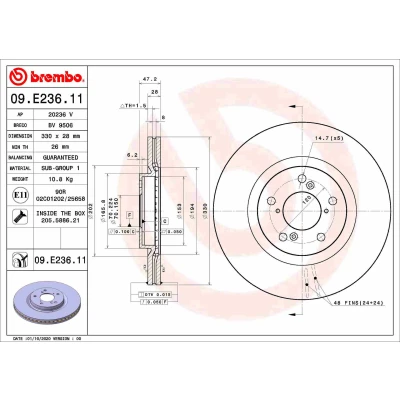 Abbildung von BREMBO 09.E236.11 Bremsscheibe 330 28 5 innenbelüftet beschichtet mit Schrauben ACURA: MDX
