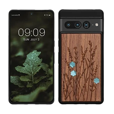Abbildung von kwmobile Hülle kompatibel mit Google Pixel 7 Pro Holz Case Handy Cover TPU Handyhülle in Dunkelbraun Perlmutt Lavendel