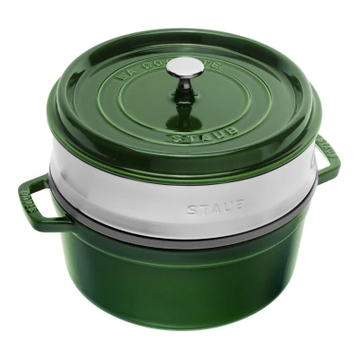 Abbildung von STAUB Gusseisen Bräter/Cocotte, mit Dämpfeinsatz, Rund 26 cm, 5,2 L, Aromaregen Funktion, Für alle Herdarten geeignet, Basilikum/Grün