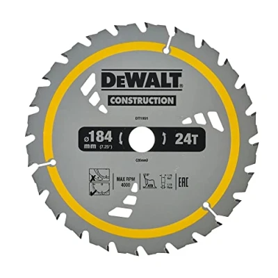 Abbildung von Dewalt Bau Kreissägeblatt Construction für Akku Handkreissäge DT1951 (184/20mm 24WZ, 18 Zahnwinkel, 1,5mm Schnittbreite, universell einsetzbar, mit Nail Tough zum Sägen von Holz Nägeln)