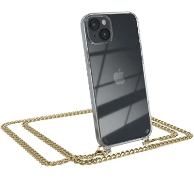 Abbildung von EAZY CASE Handykette kompatibel mit iPhone 14 Plus Handyhülle Metall Umhängeband und Ersatz Kordel schwarz, Handykordel Schutzhülle, Stylische Kette Smartphone Hülle, Metal Gold