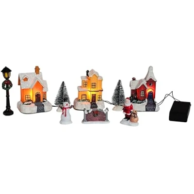 Abbildung von Bambelaa! Weihnachtsstadt 9 TLG. Winterdorf Weihnachtsdorf Weihnachtsszene Weihnachten LED Beleuchtet Warmweiß Figuren Deko Tisch Innen Häuser Batteriebetrieben mit 3 LEDs Weihnachtslandschaft