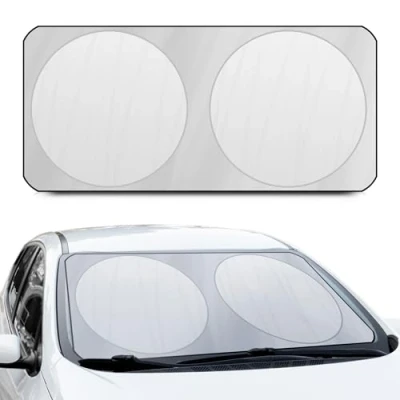 Abbildung von +PWR Car Parts Klappbarer Autosonnenschutz, vorne, Silber, 150 x 80 cm. Schützt den Fahrzeuginnenraum vor Sonneneinstrahlung. Aus 100% Polyester.
