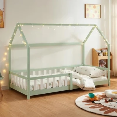 Abbildung von [en.casa] Kinderbett Hesel Hausbett Mintgrün 90 x 200 cm mit Rausfallschutz und Lattenrost Bodenbett Jugendbett Holzbett
