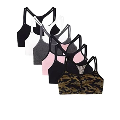 Abbildung von Fruit of the Loom Damen Spaghettiträger Baumwolle Vorteilspack Sport BH, Petite Modern Camo/Weiß/Schwarz Farbton/Blushing Rose mit Schwarz/Anthrazit/Schwarz Farbton, 70