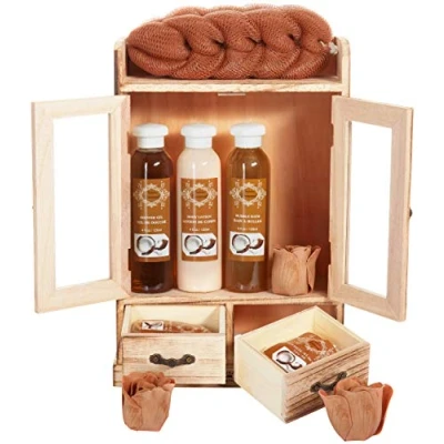 Abbildung von BRUBAKER Hautreinigungs Set Bade und Dusch Set, 10 tlg., Damen Wellness Geschenkset im Vintage Schränkchen, Pflegeset Kokos Duft, reinigend pflegend, Badeset
