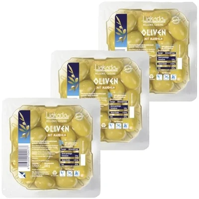 Abbildung von usy Bundle für Liakada Grüne Oliven mit Mandeln 3er Pack (3x100g Packung) + Block