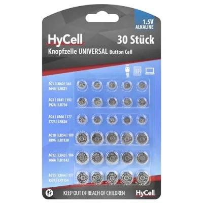 Abbildung von HyCell Alkaline Knopfzellen Set AG1, AG3, AG4, AG10, AG12, AG13, 30 Stück Knopfzelle