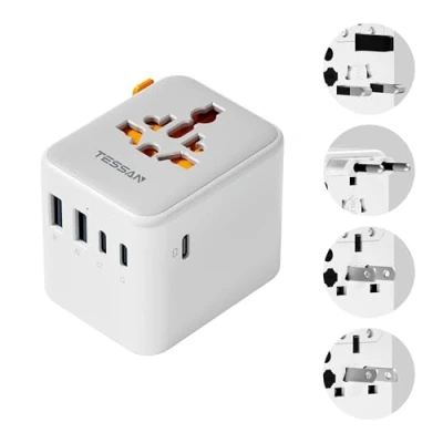 Abbildung von TESSAN Reiseadapter Weltweit mit USB C, Reisestecker Adapter 5 Gesamtleistung 28W, 2500W Steckdosenadapter, Universal für USA Thailand Japan UK Vietnam Australien Brasilien