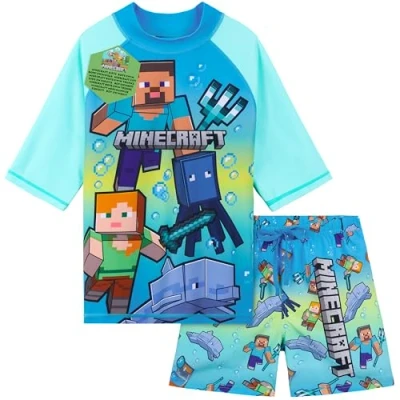 Abbildung von Get Trend Minecraft Schwimmanzug Kinder Badeanzug mit Badehose Jungen und Schwimmshirt Strand Urlaub Schwimmen (5 6 Jahre, Blau/Grün Minecraft)