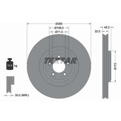 Abbildung von TEXTAR PRO 92186303 Bremsscheibe 355 32 05/05 108 innenbelüftet beschichtet ohne Radbefestigungsbolzen, Radnabe