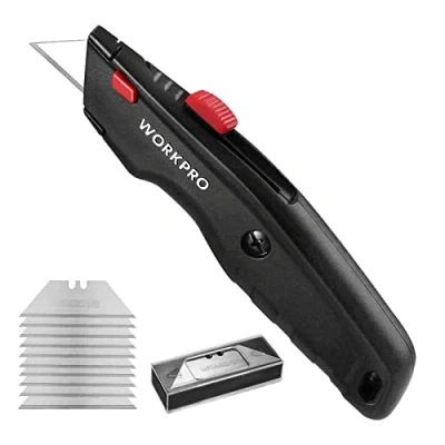 Abbildung von WORKPRO Premium Teppichmesser, Einziehbarer Universalmesser aus Vollmetall, Strapazierfähiger Cuttermesser mit Schnellwechselklinge, 10 zusätzlichen Klingen, Schwarz