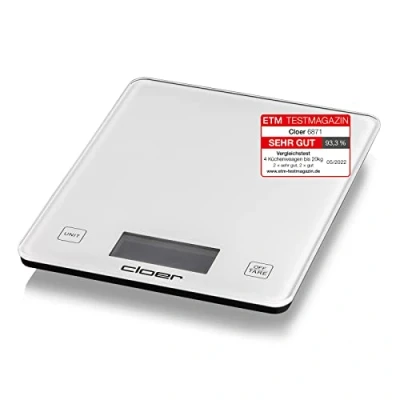 Abbildung von Cloer 6871 Digitale Küchenwaage für bis zu 10 kg, Zuwiegefunktion, Gewichtsmessung in 1 g Schritten, Mengenangabe Gramm, Milliliter oder Unze möglich, Glasoberfläche, LCD Display, weiß
