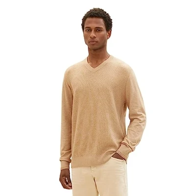 Abbildung von TOM Tailor MIT Vausschnitt Strickpullover, Herren, Größe: Medium, Beach sand melange