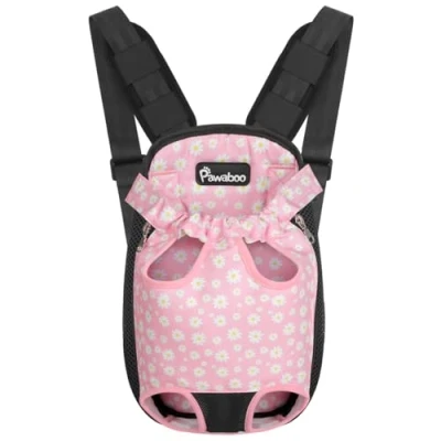Abbildung von Pawaboo Verstellbarer Haustier Rucksack, Tragbare Hundetragetasche Legs Out Rucksäcke, Atmungsaktive Tasche für kleine mittelgroße Katzen Hunde Welpen, M, Schwarz/Rosa Gänseblümchen