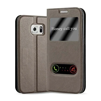 Abbildung von Cadorabo Hülle kompatibel mit Samsung Galaxy S6 Edge Plus Sichtfenster aus Kunst Leder Flip Klappbare Magnetische [Kartenfächern] Cover für Tasche in Braun
