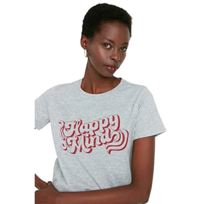 Abbildung von Trendyol Damen Regular Standard Rundhals Gewebtes T Shirt Hemd, grau, XS