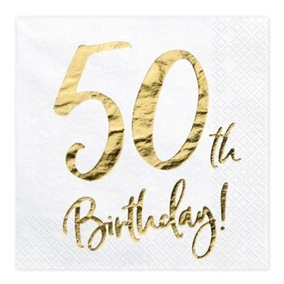 Abbildung von partydeco Papierserviette, Servietten 50. Geburtstag 33x33cm 20 Stück, weiß / gold