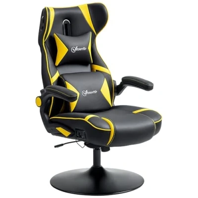 Abbildung von Vinsetto Gaming Stuhl mit Wippen und Schkelfunktion, ergonomischer Computerstuhl, höhenverstellbar, drehbar Schreibtischstuhl Lautsprecher, bis 120 kg belastbar, Schwarz+Gelb