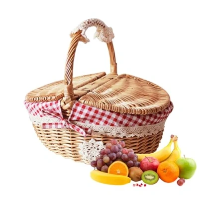 Abbildung von Weiden Picknickkorb mit Deckel und Griff, gewebter Picknickkorb, handgemachter Süßigkeitenkorb, Ostereier, Aufbewahrungskorb, Weinkorb, Naturweide, leerer Korb for Picknick, Camping, Wandern, Hochzeit