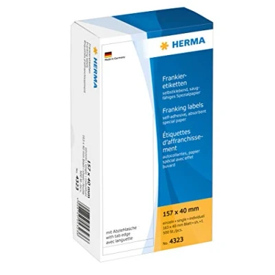 Abbildung von HERMA 4323 Frankieretiketten für Frankiermaschinen, 157 x 40 mm, 500 Stück, selbstklebend, matt, einzeln, Papier Frankier Etiketten Klebeetiketten Aufkleber mit Abziehlasche, weiß