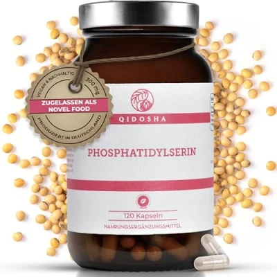 Abbildung von QIDOSHA® Phosphatidylserin Kapseln, 120 Kapseln im Apothekerglas, volle 300mg je Tagesportion (150mg/Kapsel), vegan, laborgeprueft, deutsche Fertigung, Novel Food Zulassung