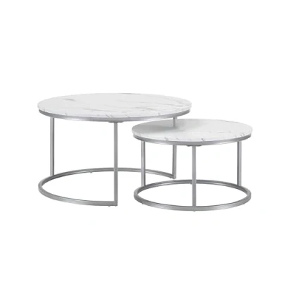 Abbildung von hitsuki Couchtisch, Marmor Couchtisch Silber, Rund 2er Set, Wohnzimmertisch weiß aus Metallgestell Tisch Wohnzimmer, Coffee Table