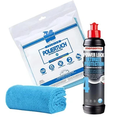 Abbildung von detailmate Auto Polier Set Autopflege: Menzerna Lackversiegelung Power Lock Ultimate Protection, 250 ml Polymer Wachs+ Mikrofaser Poliertuch, 40x40cm, perfekt zum Auspolieren Autolack