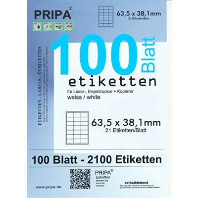 Abbildung von pripa Etiketten 63,5 x 38,1 mm 21 Stueck auf A4 100 Blatt DIN selbstklebende fuer Amazon FBA Versand DHL Post