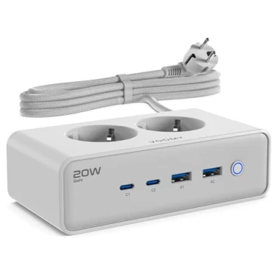 Abbildung von VOOMY Mehrfachsteckdose mit USB (20W), Steckdosenwürfel 4000W, Steckdosenleiste Überspannungsschutz, 2 C und USB, 2m Verlängerungskabel, Steckerleiste Schalter, Für Laptop, Handy, Tablet