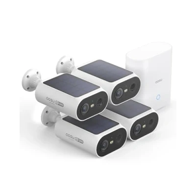 Abbildung von AOSU 2K Überwachungskamera Aussen Solar Akku 4 Cam Kit mit Station Integrierte Solarplatte 0 Gebühr 32GB Lokaler Speicher AI Personerkennung Licht &amp; Tonalarm 2 Wege Audio Farbige Nachtsicht IP65