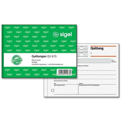 Abbildung von sigel Formularblock Formularbuch &quot;Quittung&quot;, mit MwSt. Nachweis, A6 quer