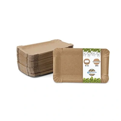 Abbildung von GREENBOX Take Away braune Pappteller 10 x 16 cm I aus Duplex Karton Einwegteller fettbeständig recycelbar und biologisch abbaubar 250 Stück