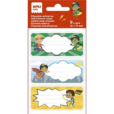 Abbildung von APLI Kids 19019 Super Heroes Schuletiketten, ideal zum Identifizieren von Büchern und Gegenständen, 3 verschiedene Designs, 9 Etiketten