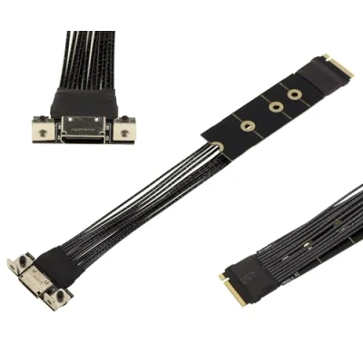 Abbildung von KALEA INFORMATIQUE M2 NVMe M Key Port Adapter auf Oculink SFF 8612 PCIe 4.0 kompatibel mit 64 GT/s Bandbreite.