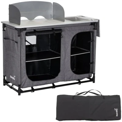Abbildung von Skandika Campingschrank Ruoka Campingküche, Outdoorküche mit Windschutz, klappbar, faltbar Spüle, Staufächer, Tragetasche, Aluminiumgestell Seitentaschen Outdoor