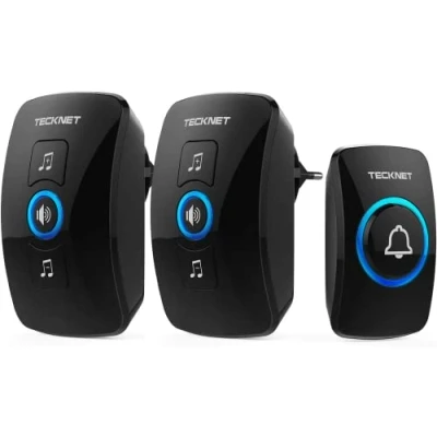 Abbildung von TECKNET Funkklingel, Kabellose Türklingel Funk Set, IP65 Aussen Wasserdicht Haustür Klingel mit 2 Plug In Empfänger, 60 Melodien, 5 Lautstärkestufen, 400m Reichweite, Steckdosen Funkklingel Kit