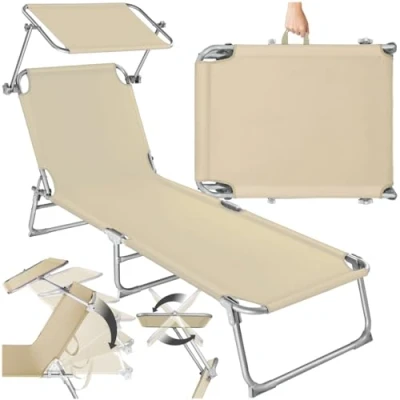 Abbildung von tectake Liegestuhl Garten mit Sonnenschutz, Gartenliege klappbar, Balkon oder Terrassen Liege Verstellbarer Rückenlehne, Strandliege Sonnendach, bis zu 110 kg belastbar blau beige