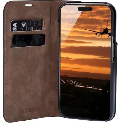 Abbildung von JT Berlin Bookcase Tegel Echtleder Hülle kompatibel mit Apple iPhone 16 Pro Max (Premium Flip Case, Standfunktion, EC Kartenfächer, Magnetverschluss) schwarz
